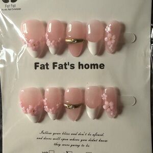 Pink Floral French Tip Press-On Nails with Gold Accent